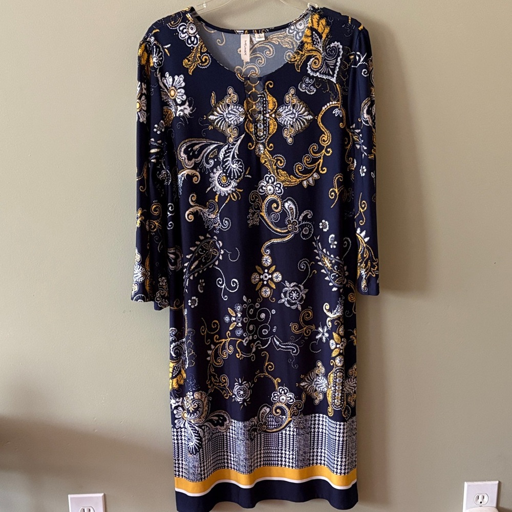 Tacera Navy Long-Sleeve Dress with Gold and White Paisley Print